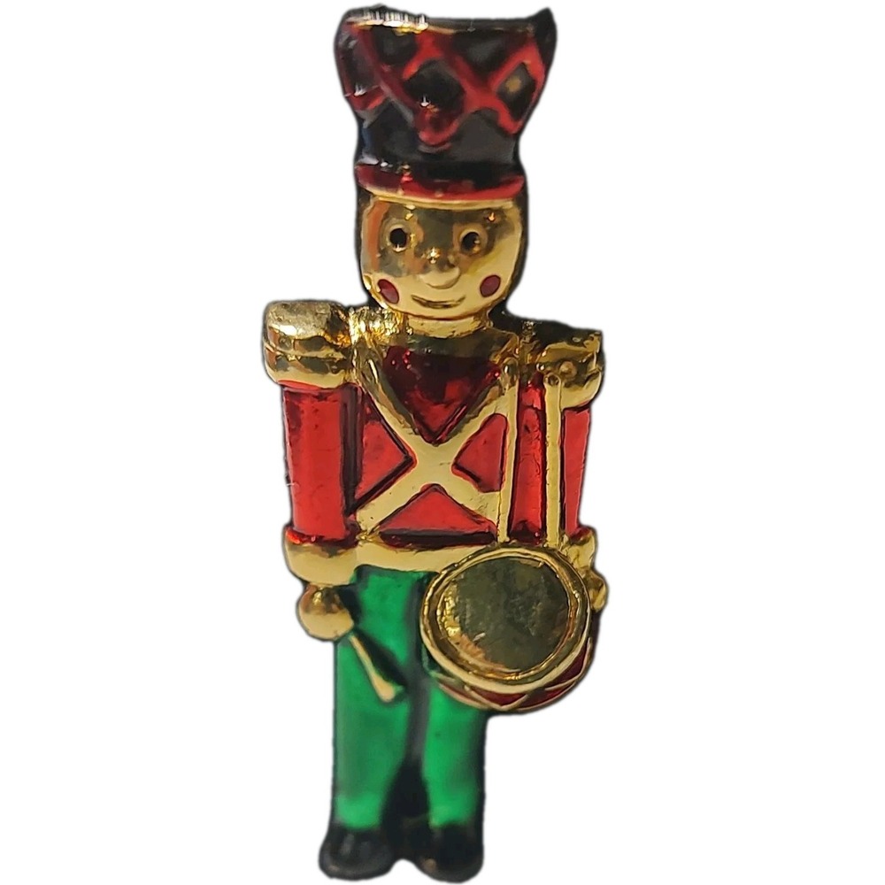 Vintage Enamel Soldier Brooch Pin Drummer Christmas Holiday Gold Tone Two Inches